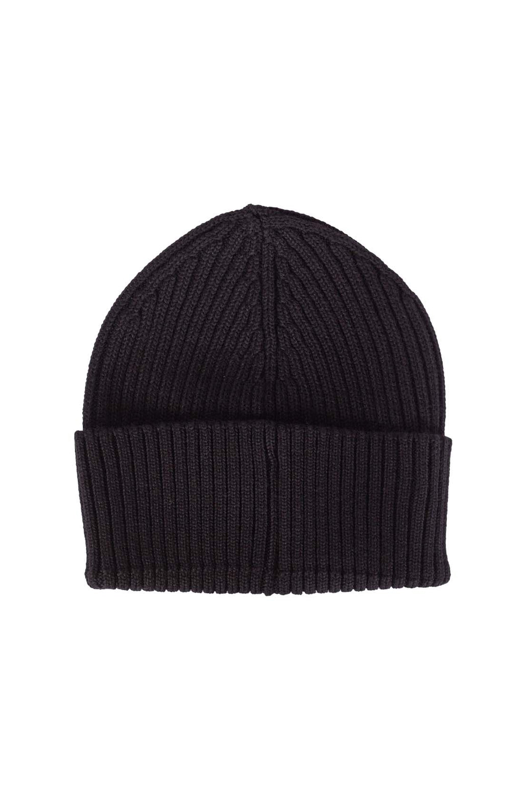 Black ribbed wool blend women's beanie with an adjustable turn-up and signature front logo patch