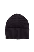 Black ribbed wool blend women's beanie with an adjustable turn-up and signature front logo patch