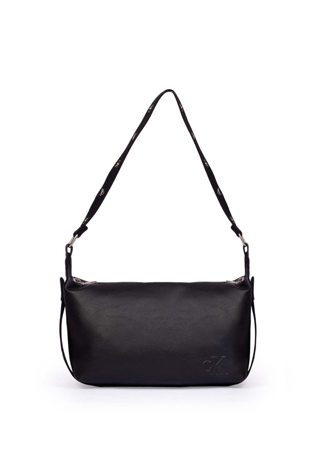 Black faux leather Calvin Klein shoulder bag with adjustable printed monogram strap and logo details — view 10