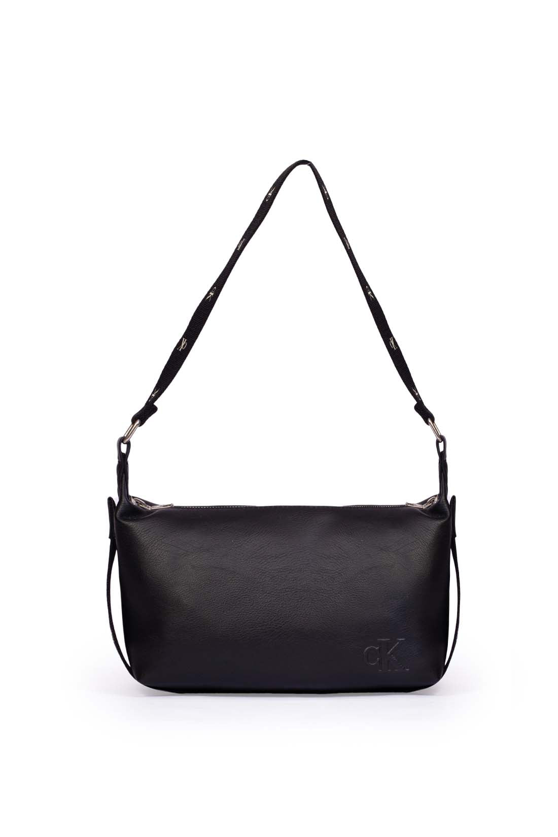 Black faux leather Calvin Klein shoulder bag with adjustable printed monogram strap and logo details — view 10
