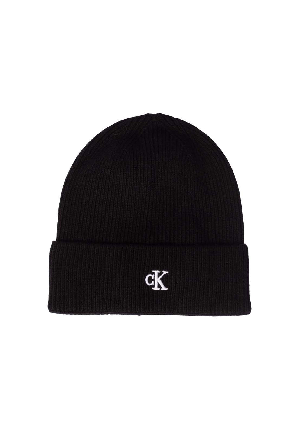 Women's monogram beanie in black cashmere and wool blend ribbed knit with folded adjustable cuff — view 9