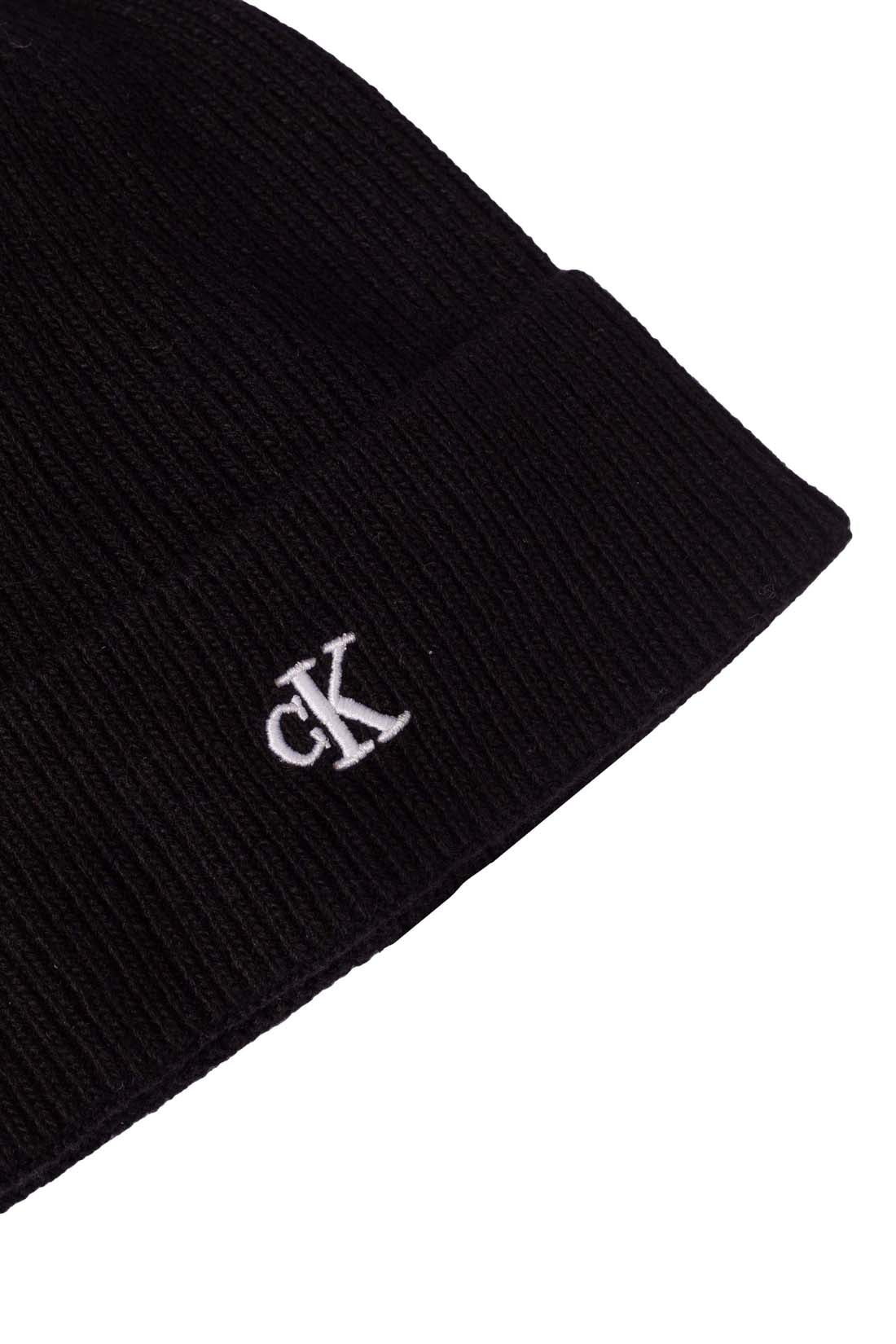 Women's monogram beanie in black cashmere and wool blend ribbed knit with folded adjustable cuff — view 8