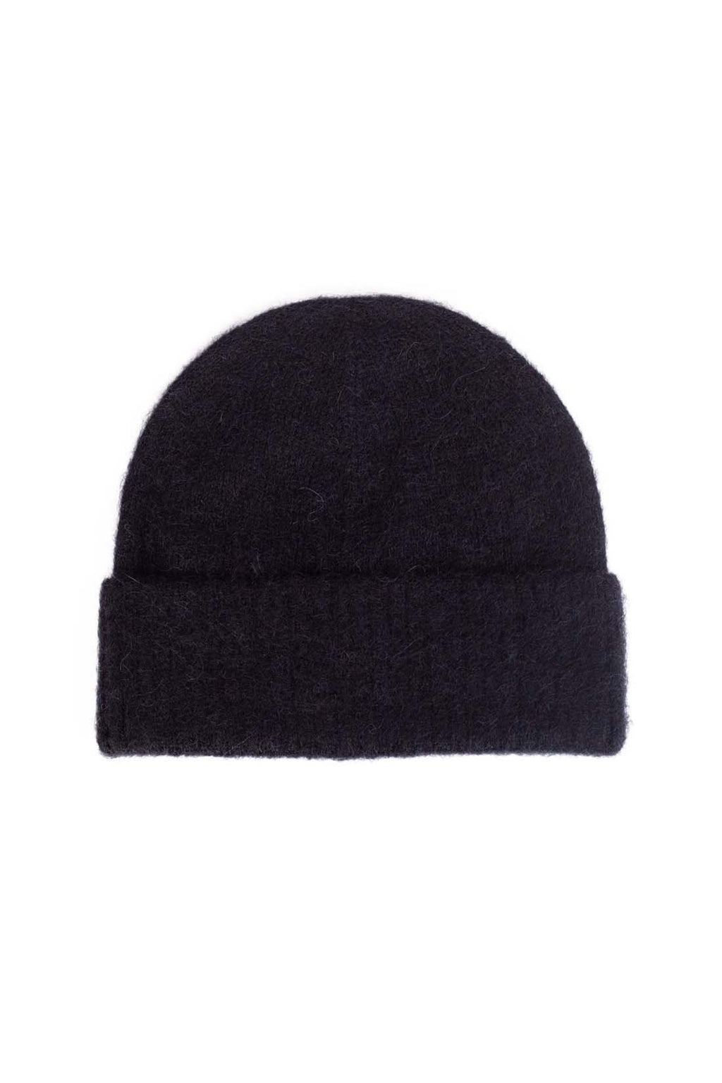 Women's purple alpaca wool blend beanie with adjustable turn-up cuff and front monogram patch