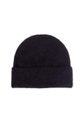 Women's purple alpaca wool blend beanie with adjustable turn-up cuff and front monogram patch