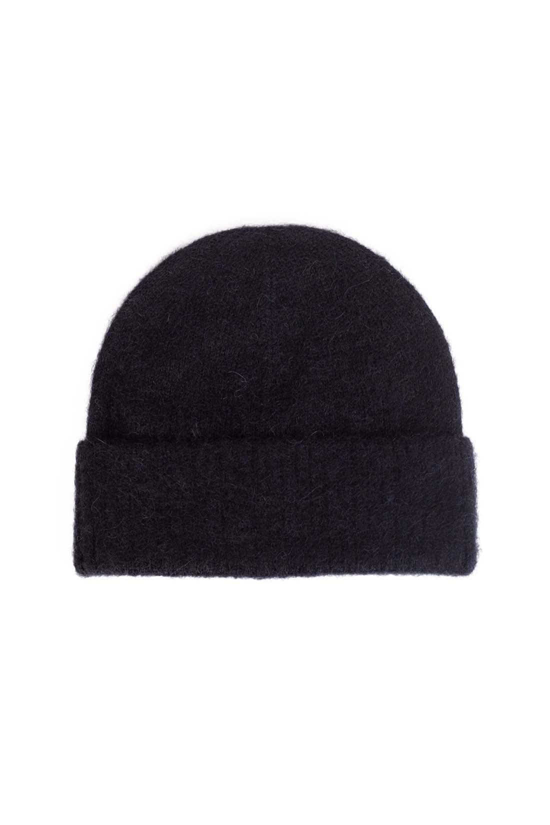 Women's purple alpaca wool blend beanie with adjustable turn-up cuff and front monogram patch