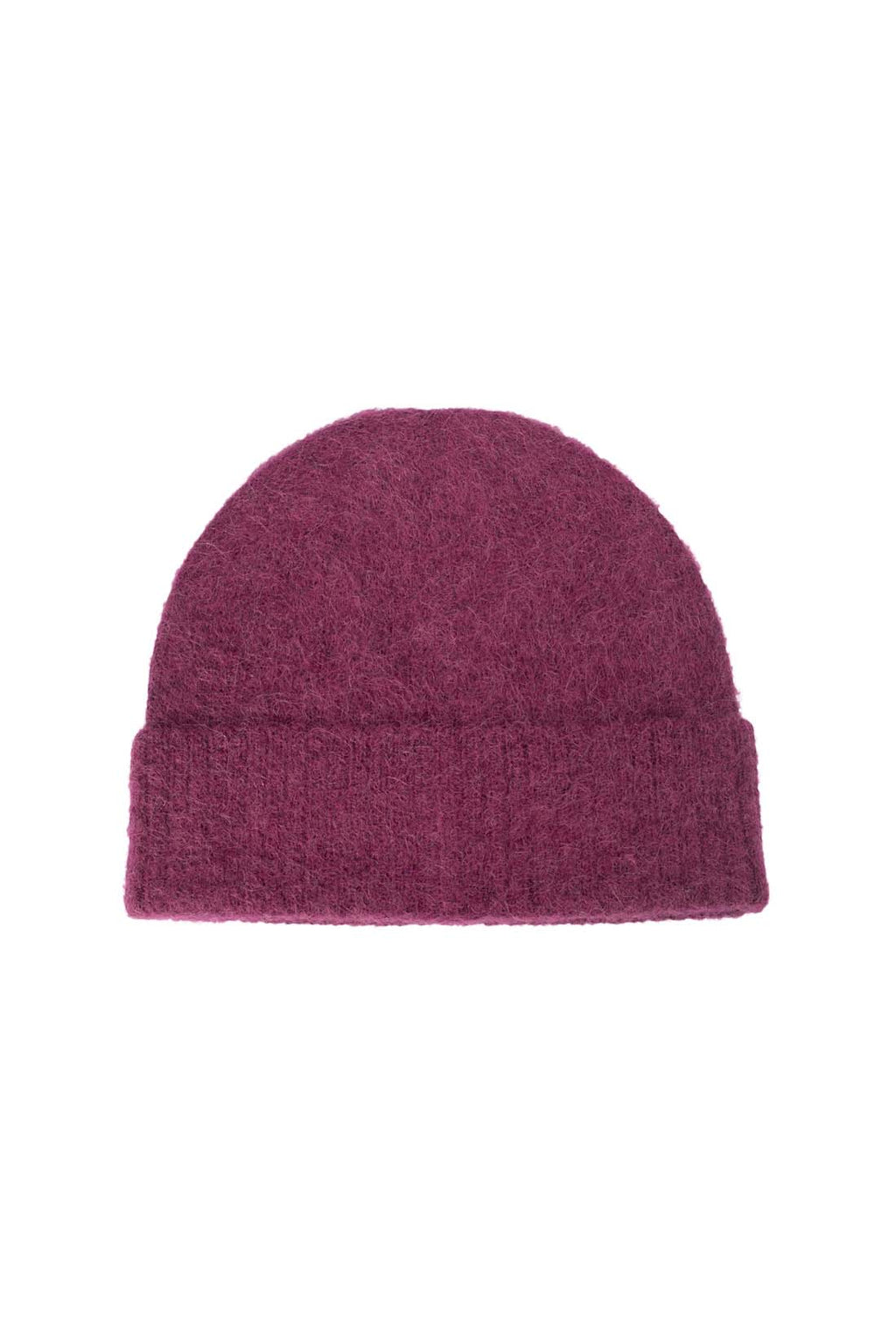 Women's purple alpaca wool blend beanie with adjustable turn-up cuff and front monogram patch — view 7