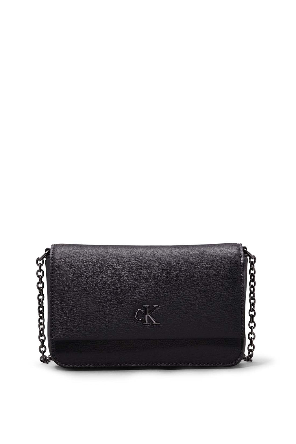 Black faux-leather women's wallet bag with chain shoulder strap and front monogram plaque — view 10
