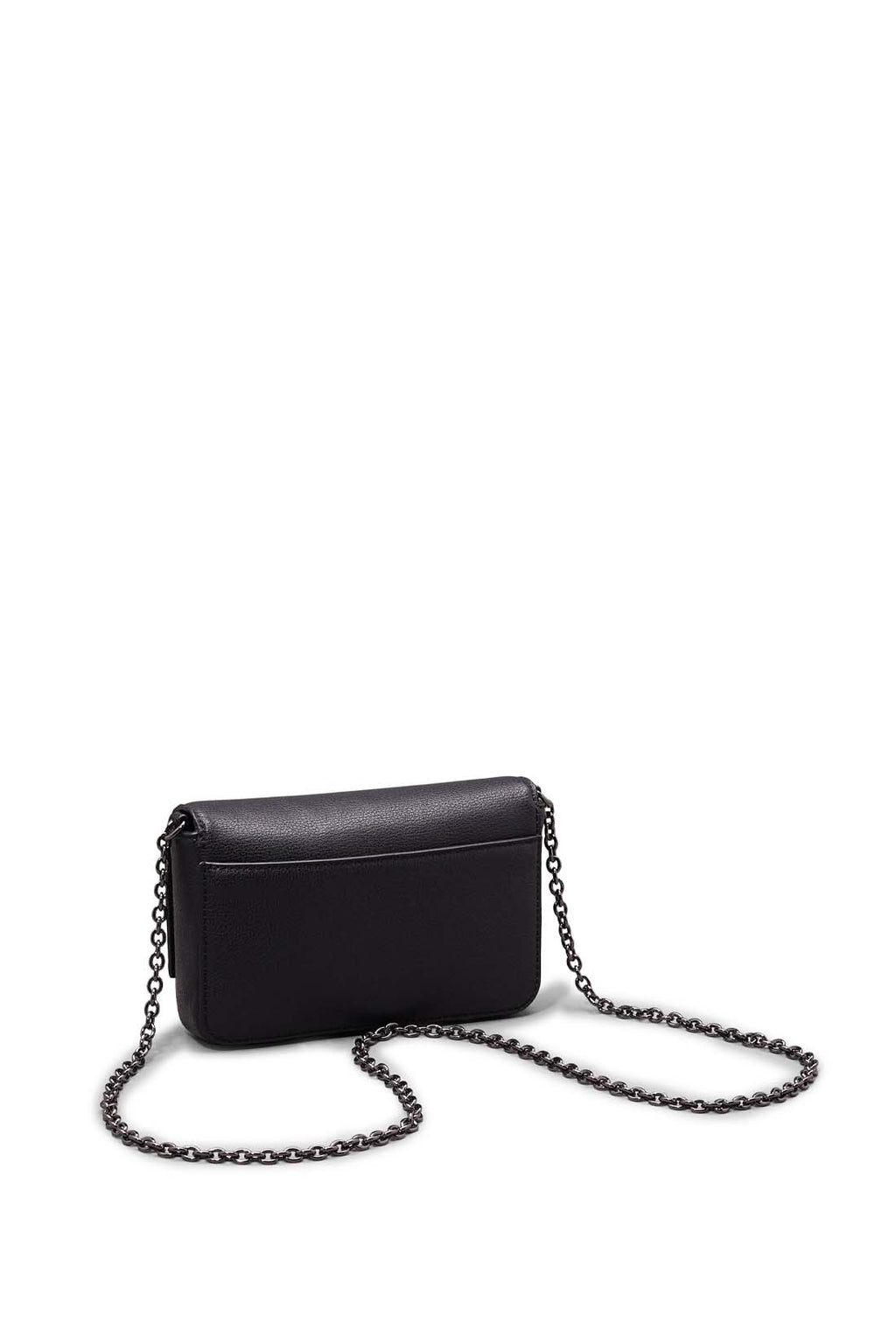 Black faux-leather women's wallet bag with chain shoulder strap and front monogram plaque — view 3