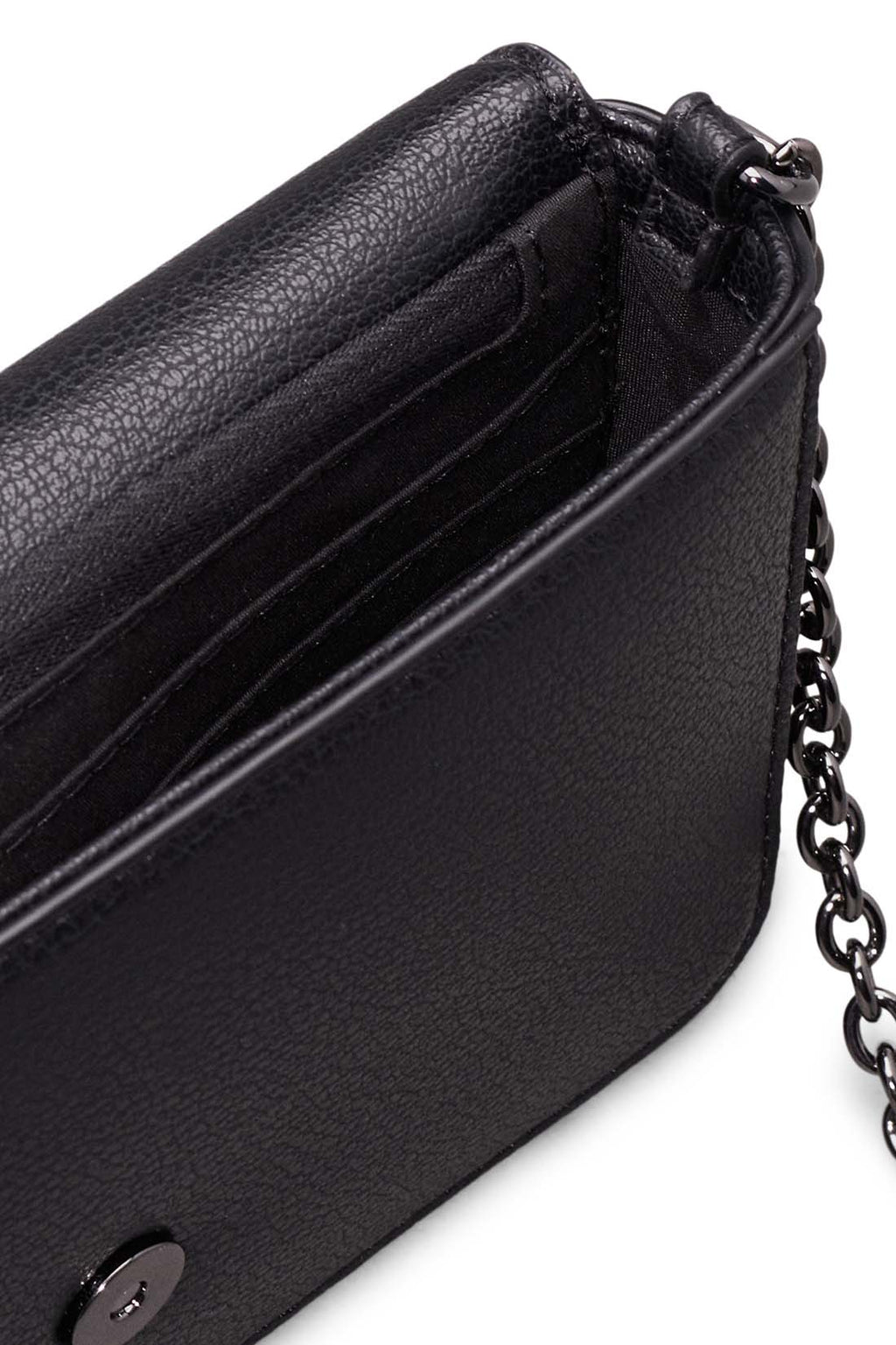 Black faux-leather women's wallet bag with chain shoulder strap and front monogram plaque