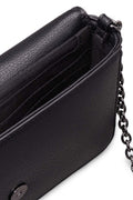 Black faux-leather women's wallet bag with chain shoulder strap and front monogram plaque