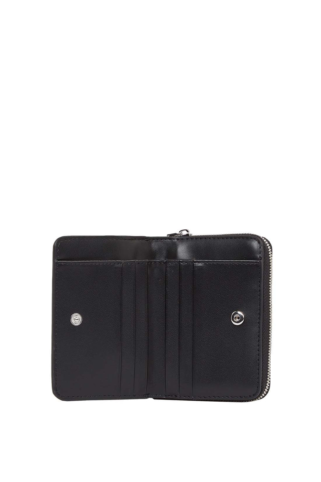 Black faux-leather women's small wallet with front monogram plaque and secure snap closure. — view 2