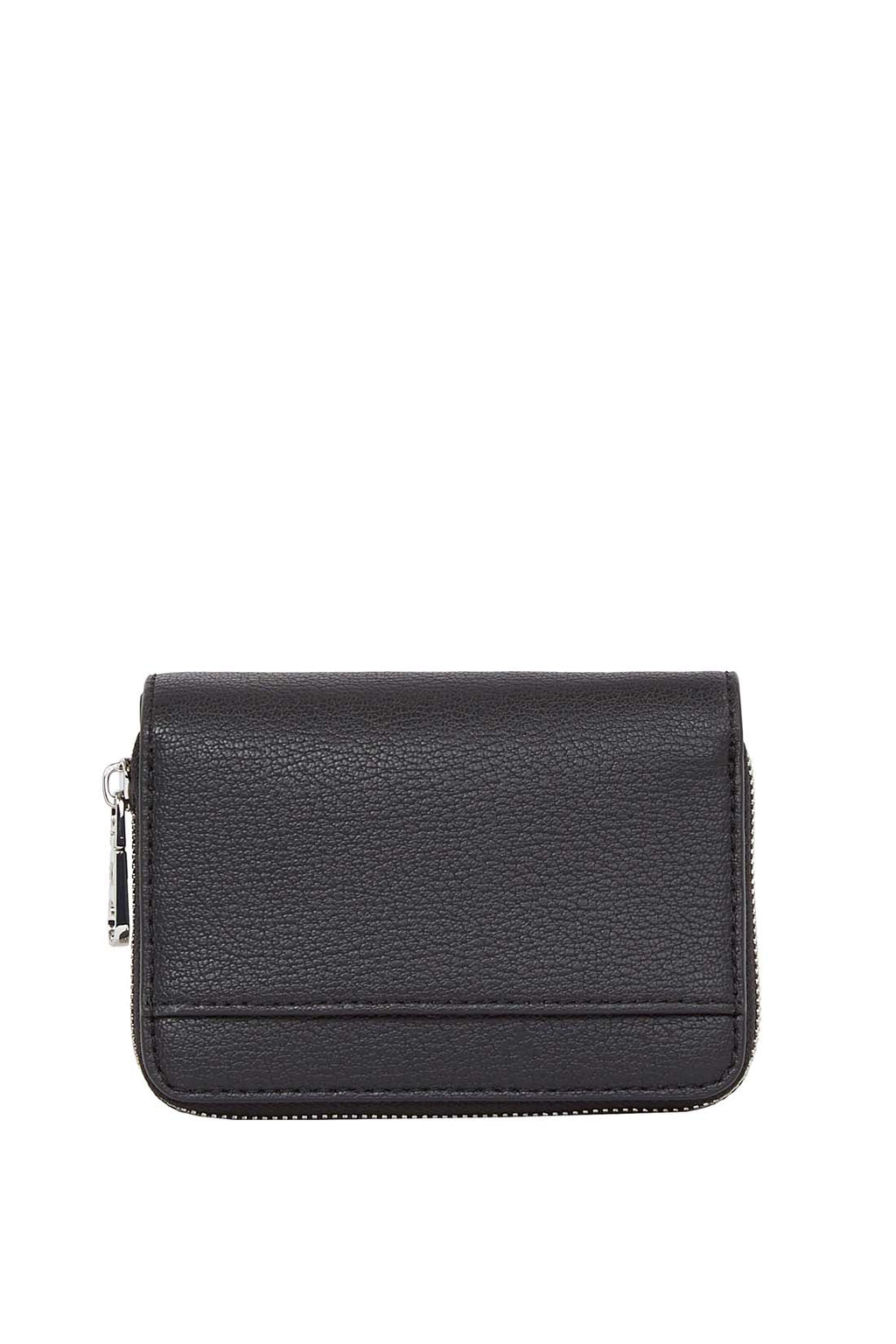 Black faux-leather women's small wallet with front monogram plaque and secure snap closure. — view 7