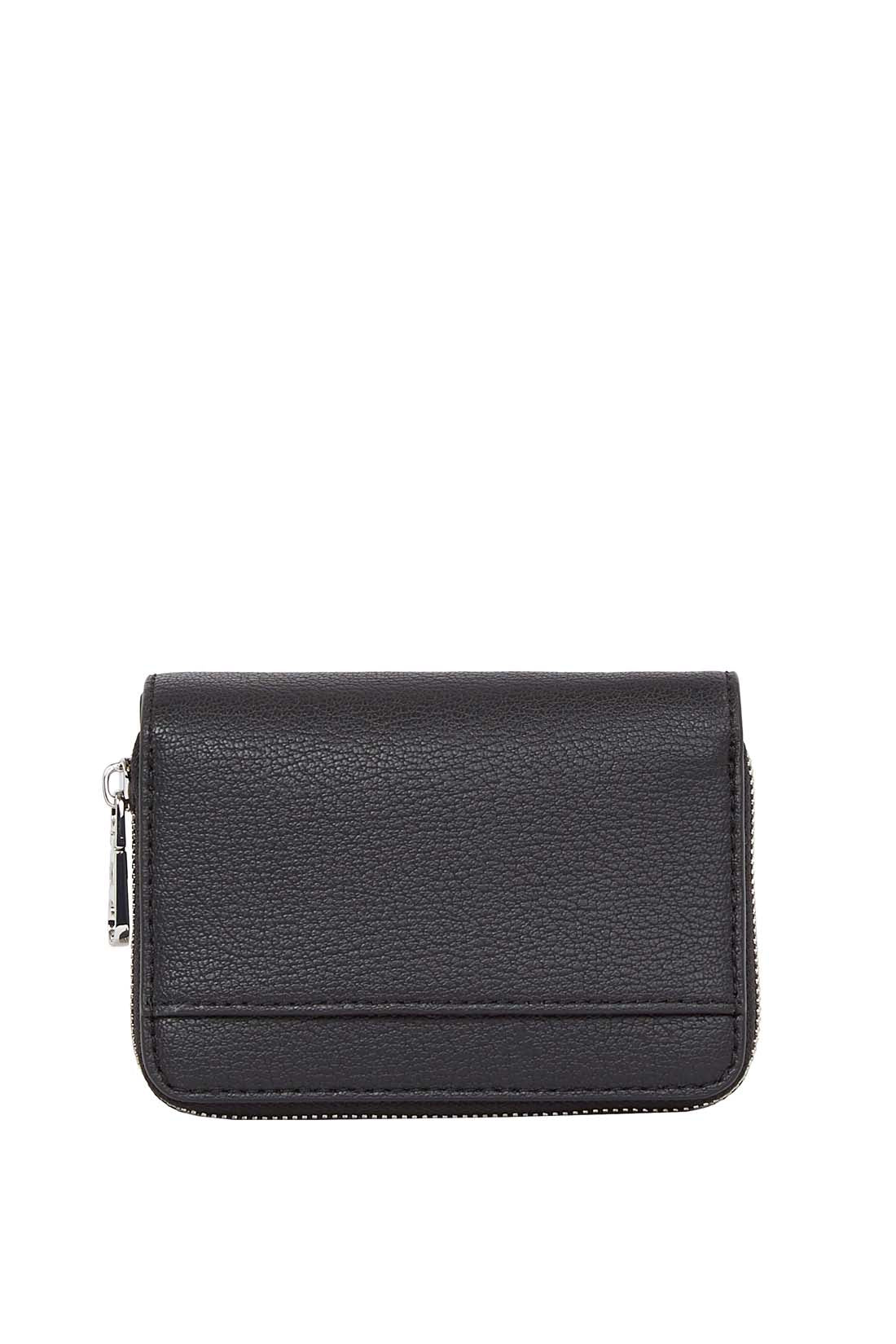 Black faux-leather women's small wallet with front monogram plaque and secure snap closure. — view 7