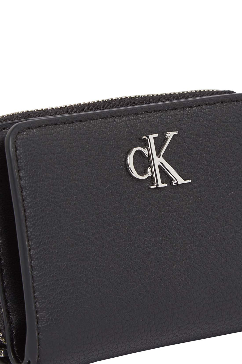 Black faux-leather women's small wallet with front monogram plaque and secure snap closure.