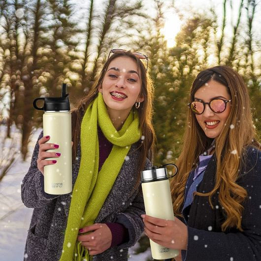 Beige 22 oz insulated stainless steel water bottle with straw lid and carrying — view 3
