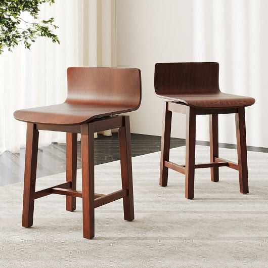 Walnut swivel dining chair set of two with solid wood low back and curved seat.