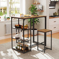 Rustic brown 3-piece bar table set with two stools, metal frame, and side storage shelves
