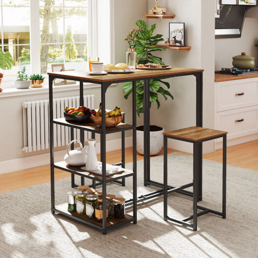 Rustic brown 3-piece bar table set with two stools, metal frame, and side storage shelves