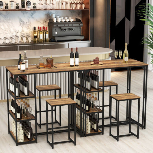 Rustic brown 3-piece bar table set with two stools, metal frame, and side storage shelves — view 2