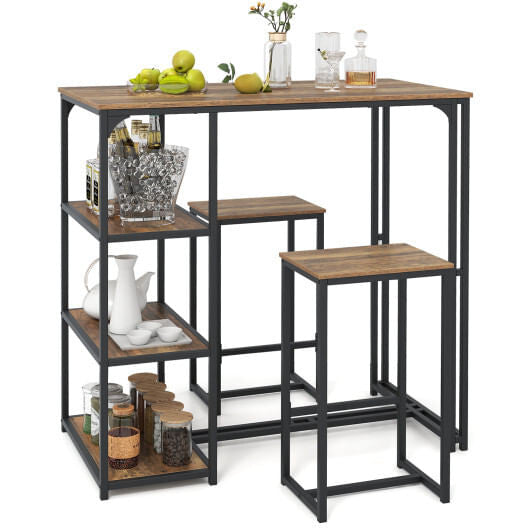 Rustic brown 3-piece bar table set with two stools, metal frame, and side storage shelves — view 3