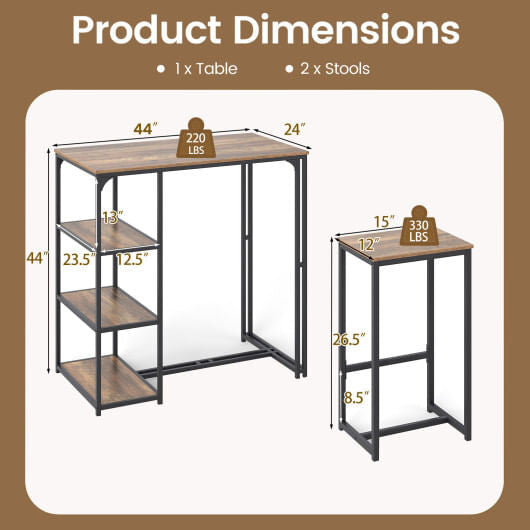 Rustic brown 3-piece bar table set with two stools, metal frame, and side storage shelves — view 4