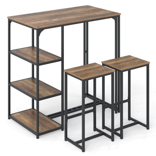 Rustic brown 3-piece bar table set with two stools, metal frame, and side storage shelves — view 5