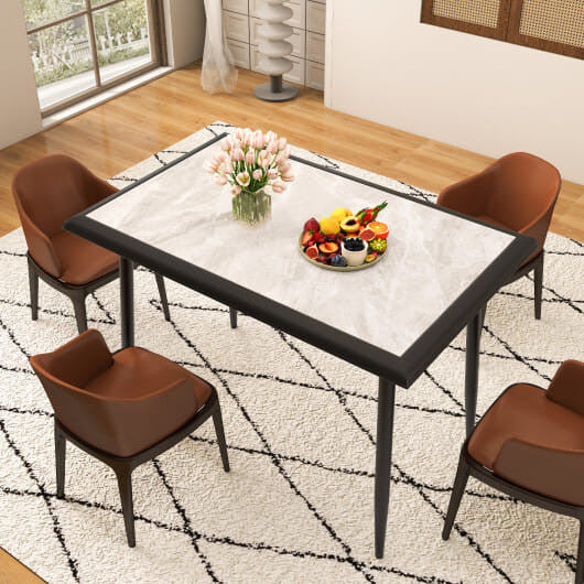 Modern 44-inch faux marble sintered stone dining table with a gold x-shaped metal frame. — view 2
