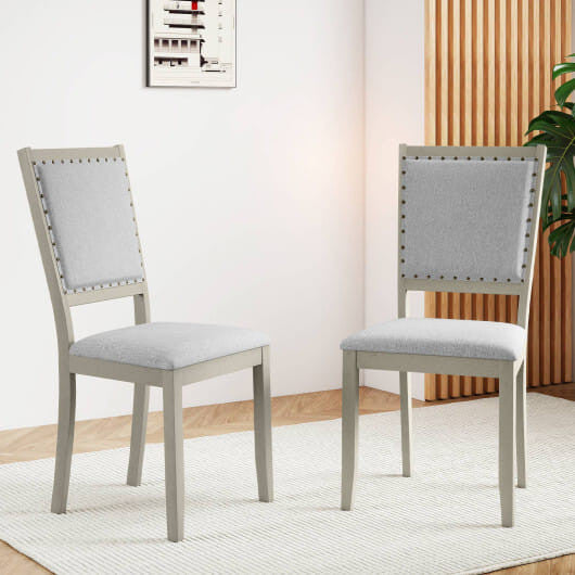 Grey farmhouse dining chairs set of 2 with upholstered fabric seat and vintage nailhead trim — view 2