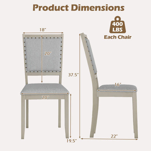 Grey farmhouse dining chairs set of 2 with upholstered fabric seat and vintage nailhead trim — view 3