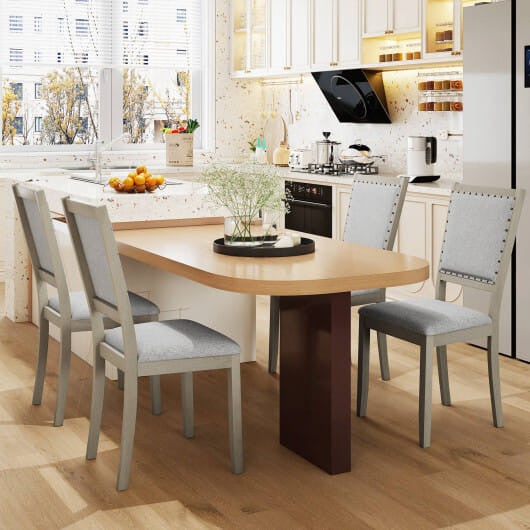 Grey farmhouse dining chairs set of 2 with upholstered fabric seat and vintage nailhead trim — view 4