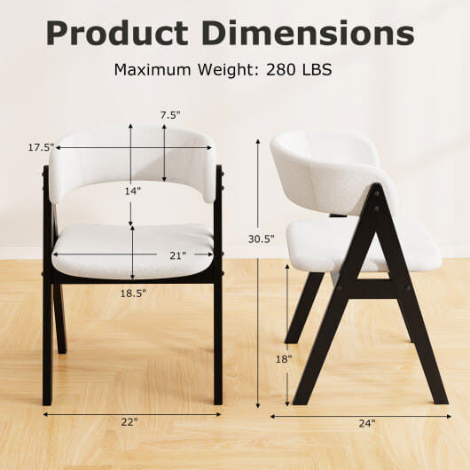 Mid-century modern dining chairs set of two with black wood frames and white sherpa upholstery — view 3