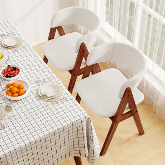 Mid-century modern dining chairs set of two with black wood frames and white sherpa upholstery — view 6