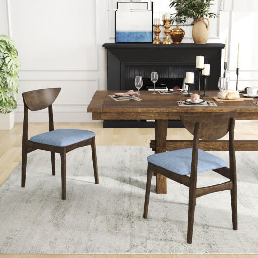 Brown wooden dining chair set of 2 with linen upholstery and solid rubber wood legs