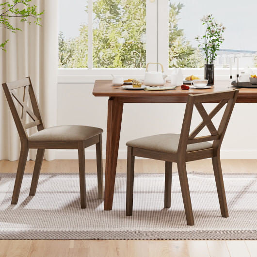 Modern brown dining chair set of two with linen upholstered seats and wooden backrests