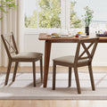 Modern brown dining chair set of two with linen upholstered seats and wooden backrests