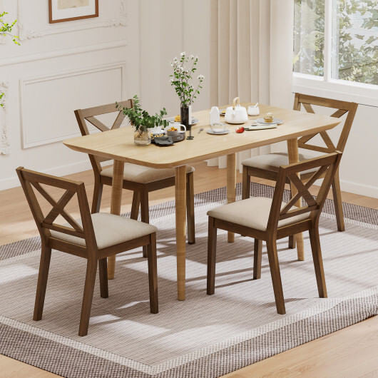 Modern brown dining chair set of two with linen upholstered seats and wooden backrests — view 2