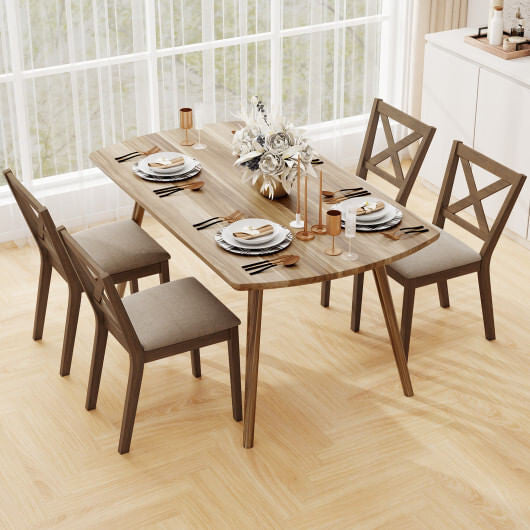 Modern brown dining chair set of two with linen upholstered seats and wooden backrests — view 4