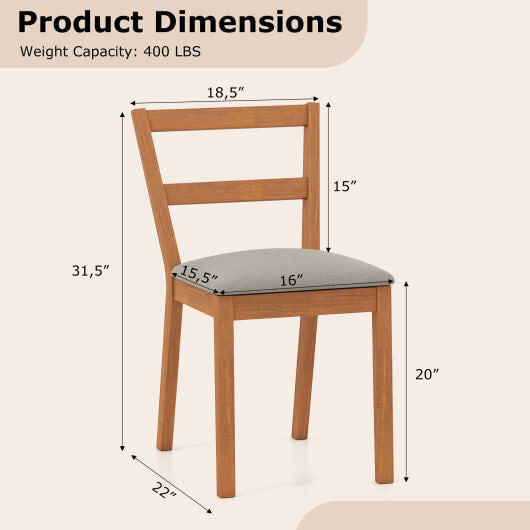 Set of two brown farmhouse wooden dining chairs with upholstered linen seats and slat backrests — view 2