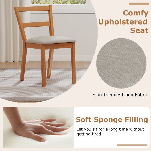 Set of two brown farmhouse wooden dining chairs with upholstered linen seats and slat backrests — view 3