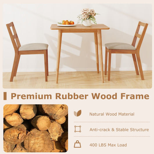 Set of two brown farmhouse wooden dining chairs with upholstered linen seats and slat backrests — view 4