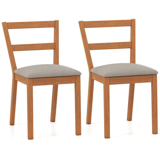 Set of two brown farmhouse wooden dining chairs with upholstered linen seats and slat backrests — view 5