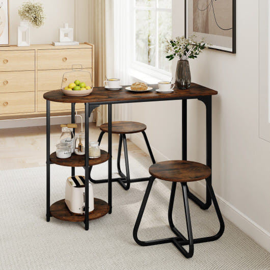 3-piece industrial black dining table set with two stools tucked underneath and side shelves — view 2