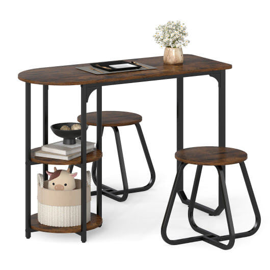 3-piece industrial black dining table set with two stools tucked underneath and side shelves — view 3