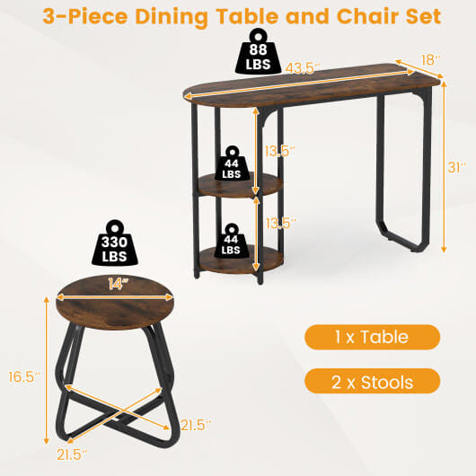 3-piece industrial black dining table set with two stools tucked underneath and side shelves — view 4