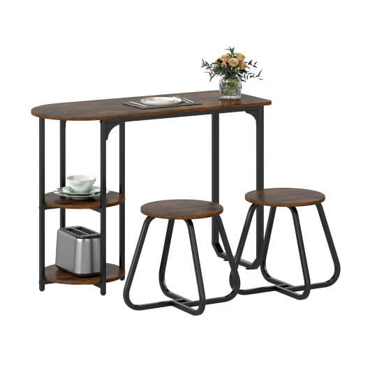 3-piece industrial black dining table set with two stools tucked underneath and side shelves — view 5