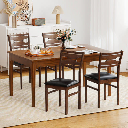 Walnut wooden dining chairs set of two with sleek black PU leather padded seats