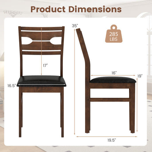 Walnut wooden dining chairs set of two with sleek black PU leather padded seats — view 3