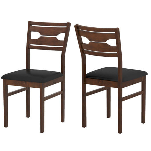 Walnut wooden dining chairs set of two with sleek black PU leather padded seats — view 4