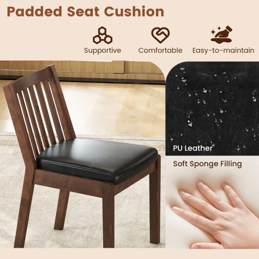 Two espresso PU leather upholstered dining chairs with natural rubber wood frames and slatted backrests. — view 3