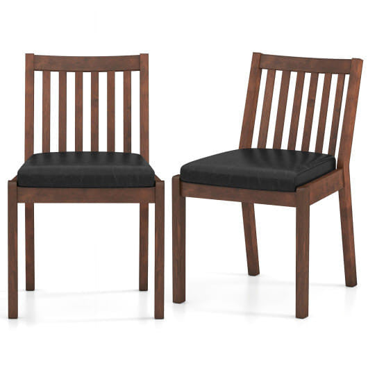 Two espresso PU leather upholstered dining chairs with natural rubber wood frames and slatted backrests. — view 5